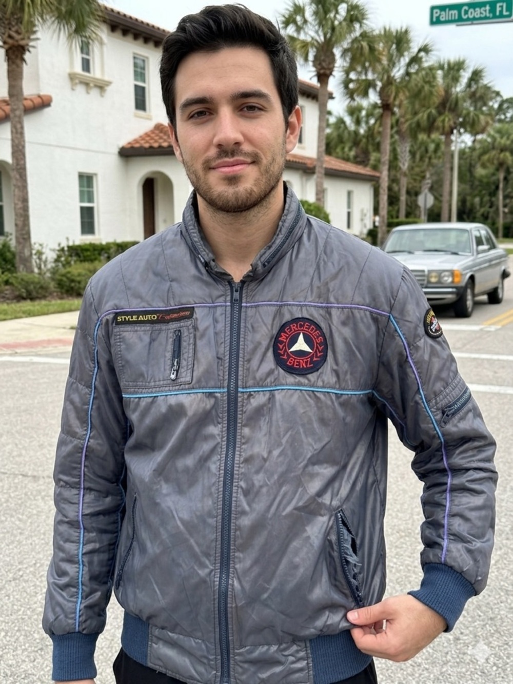 Vintage 80s Style Auto Mercedes-Benz Racing Jacket Grey Bomber Men's Medium